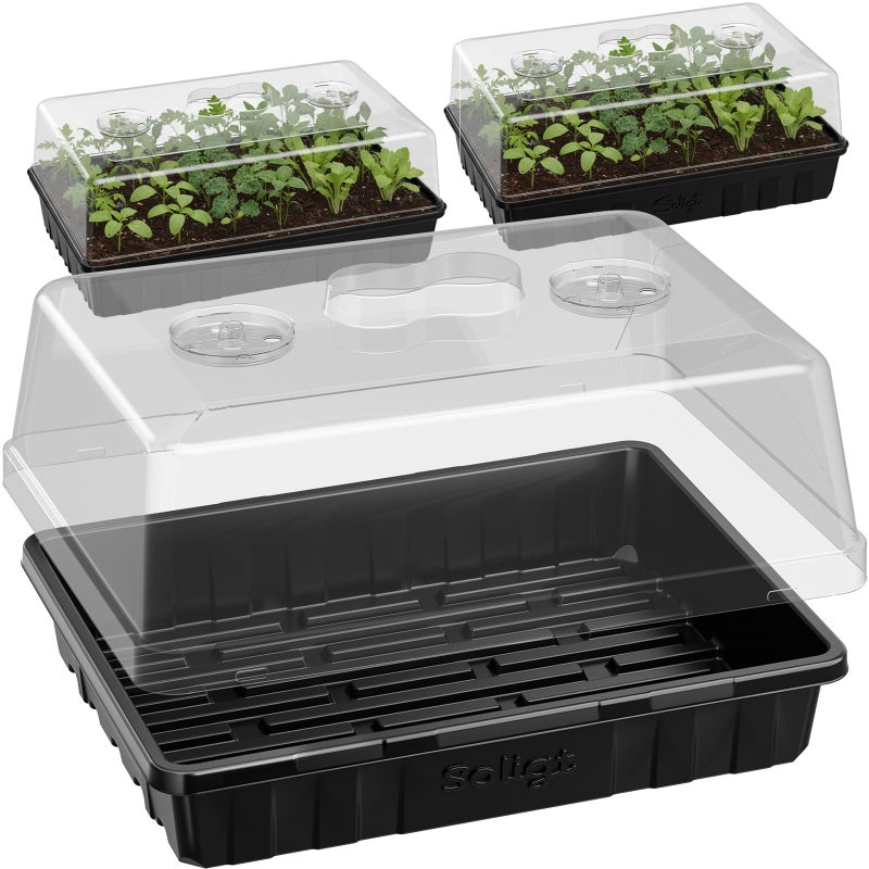 SOLIGT [Thick Plastic] 3-Set Strong Seed Starter Trays with 5" Humidity Domes for Seed Starting, Germination, Seedling Propagation & Plant Growing, Holds 144 Cells in Total - Image 1